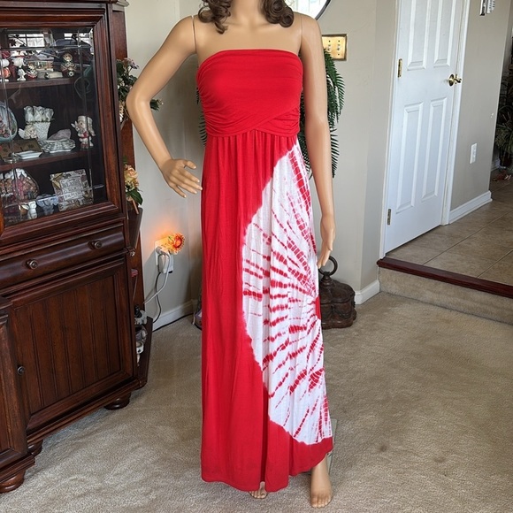 Sievergate Red & White Tie Dye Strapless Maxi Dress Rayon Stretch - Picture 4 of 16